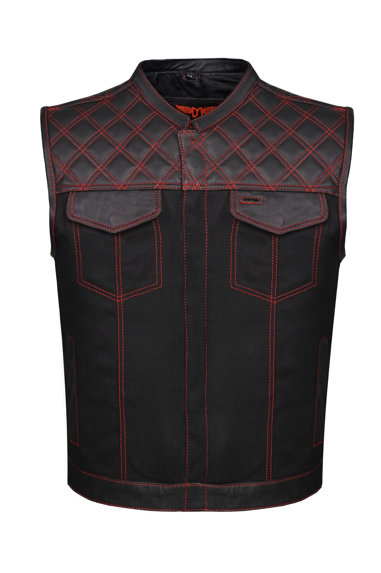 Mens Black Denim & Leather Motorcycle Club Vest Red Thread Zipper Fron –  Leather Super Center