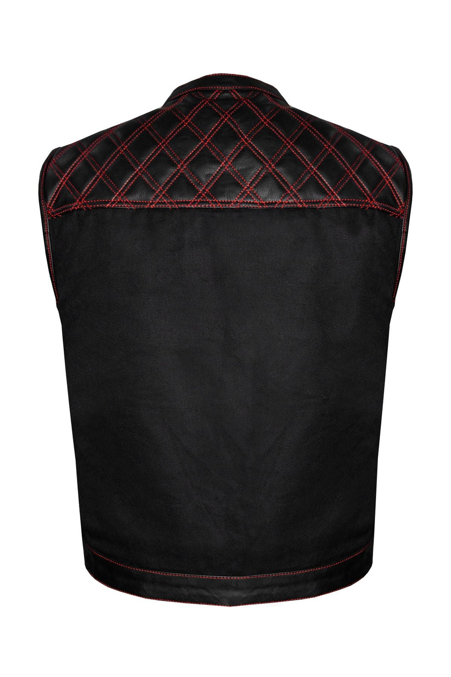 Mens Black Denim & Leather Motorcycle Club Vest Red Thread Zipper Fron –  Leather Super Center